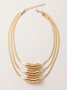 1pc Fashionable Delicate 3-Layer Flat Snake Chain With Round Ball Layered Collarbone Necklace, Suitable For Women's Daily Wear, Holiday Gift And Birthday Gift - Gold-a - View 2
