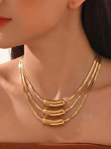 1pc Fashionable Delicate 3-Layer Flat Snake Chain With Round Ball Layered Collarbone Necklace, Suitable For Women's Daily Wear, Holiday Gift And Birthday Gift - Gold-a - View 1