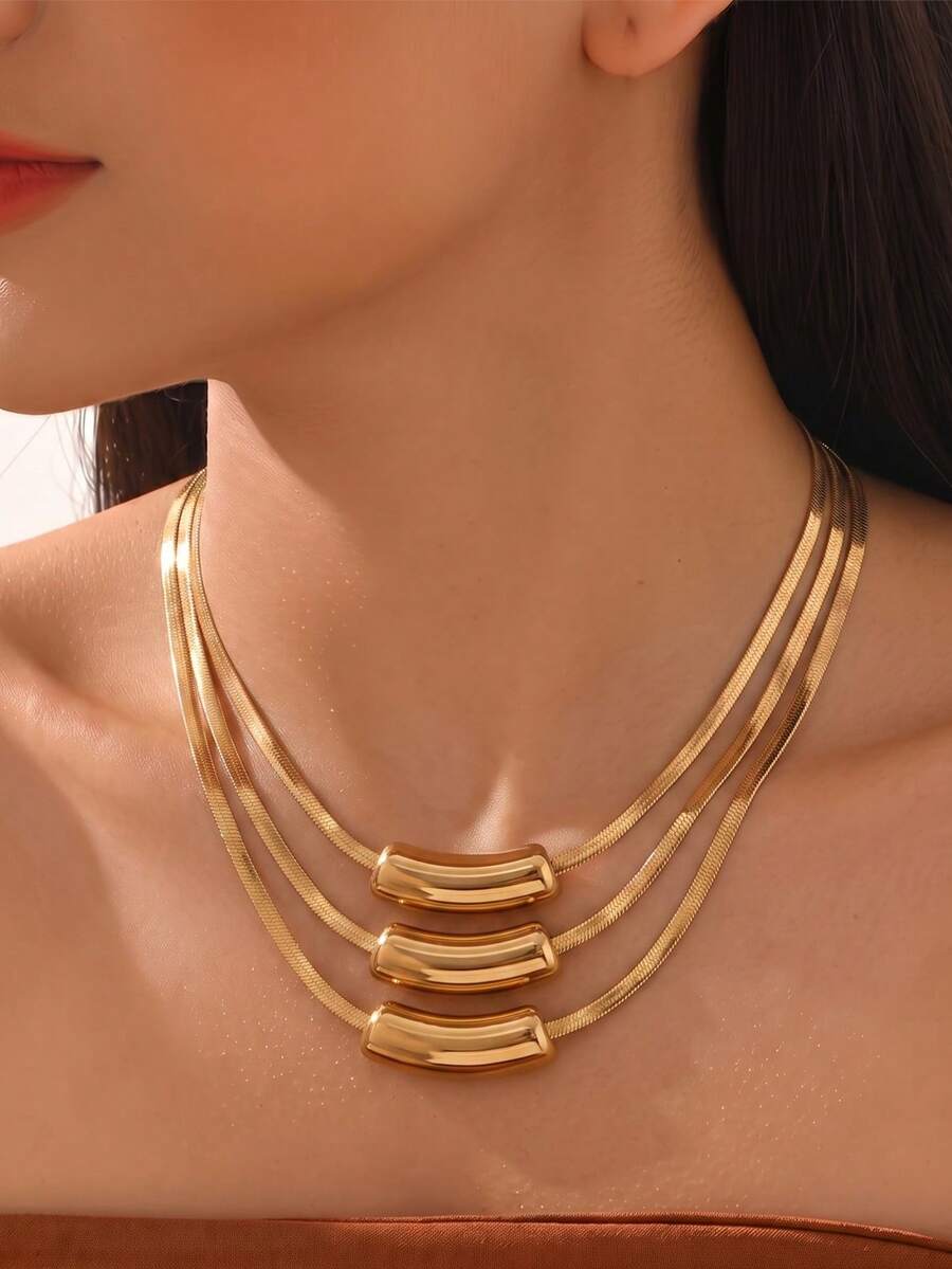 1pc Fashionable Delicate 3-Layer Flat Snake Chain With Round Ball Layered Collarbone Necklace, Suitable For Women's Daily Wear, Holiday Gift And Birthday Gift - Gold-a - View 1