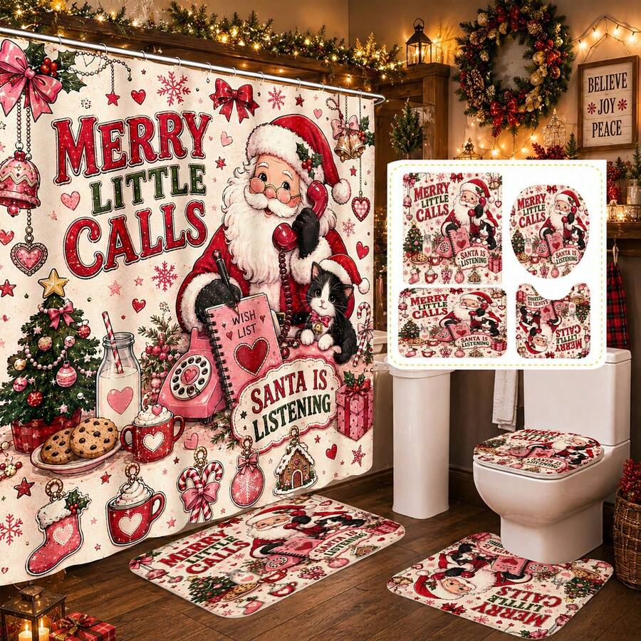 1 pieza/4 piezas Juego de cortina de ducha con decoración de baño vintage rosa de Papá Noel con llamada telefónica multifunción, 12 ganchos gratis, atmósfera festiva premium, alfombra de baño, alfombra de piso en forma de U y tapa de inodoro redonda, adecuado para todas las escenas de decoración navideña - Papá Noel llama por teléfono - Ver 1