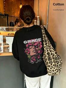 Oversized Women's Sweatshirt For Autumn/Winter, Casual Daily Wear, Long Sleeve Hoodie, Outerwear Top, Y2K, Letter Slogan Graphic, Unisex, Streetwear - Black - View 4