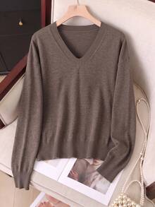 GIGOGOU Women's Solid Color Knit Basic Thin V-Neck Casual Sweater Top, Soft Long Sleeve, Suitable For Daily Home Wear, Spring And Autumn Green Autumn Top Fall - Coffee Brown - View 2