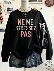 Women Cotton Crew Neck Loose Sweatshirt For Autumn Colorful Letter Print Black Long Sleeve Casual Street Sport Style - Black - View 3
