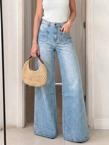 Vintage Low-Rise Flare Women's Jeans, Light Blue Washed Denim, Square Front Pockets, Casual Daily Long Pants - Blue - View 4