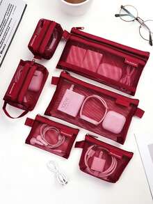 6pcs Minimalist Transparent Mesh Storage Bag Set, Mesh Makeup Bag, Portable Coin Purse, Stationery Pencil Case, Zippered Travel Toiletry Bag, Suitable For Home Office Cable Organizer, Portable Coin Purse For Cards, Keys And More - B - View 12