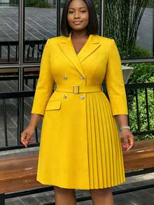 Women's Elegant Dress, Waist-Cinched Patchwork Solid Color Waist Decoration, Comfortable And Convenient, Optimizes Body Proportions; Casual Fashion, Fabric Material, Suitable For Spring/Summer And Autumn/Spring, Can Be Worn For Daily Casual, Vacation Commute, Workplace Office, Also Suitable For Dating, Party Dress, Tea Party, Wedding, Banquet, Outing Dress, Cream Yellow Dress, Formal Dress - Yellow - View 6