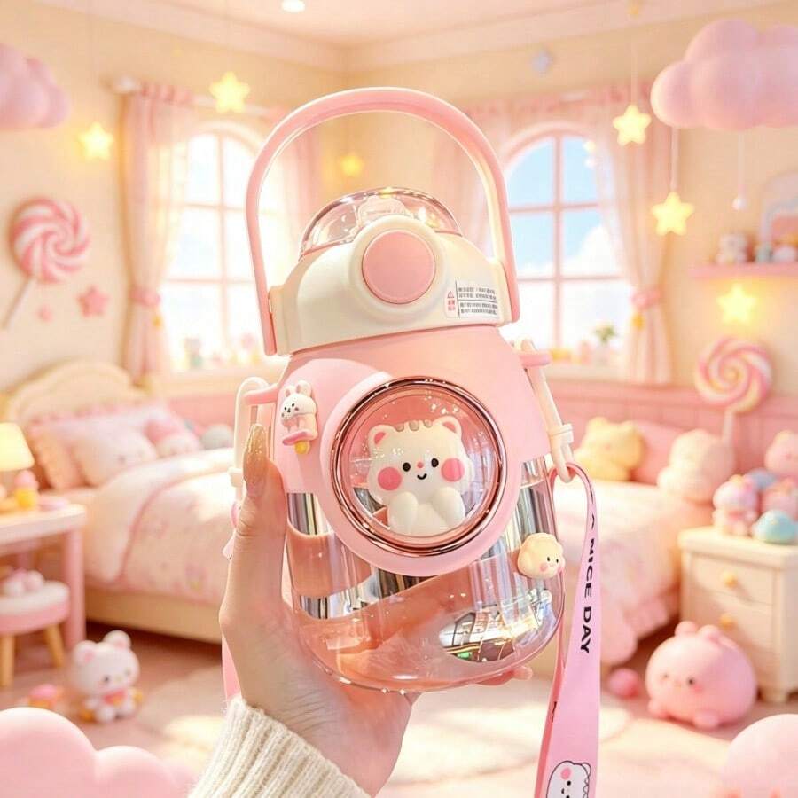 Multi-Color Cute Character Decorative Large Capacity Plastic Belly Water Bottle With Handle And Wearable Shoulder Strap, Anti-Spill Straw Cup, Suitable For Fashion-Oriented Users, Popular Fun Theme Vessel, Applicable For Travel, Housework, Gaming, Sports, Daily Outings - Multicolor - View 1