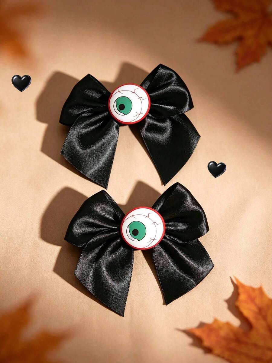 2pcs Black Grosgrain Ribbon Bows With Green Eyeball Decor Alligator Clips Halloween Gothic Hair Clips Teens Hair Accessories - Multicolor - View 1