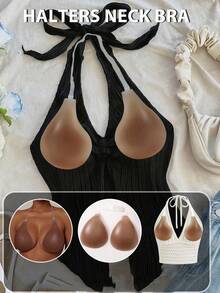 Teardrop Silicone Sticky Bra, Detachable Halter Neck Strap Push‑Up Invisible Adhesive Bra For Backless Tops, Wedding Dresses - Coffee Brown - View 2