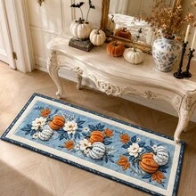 1pc Vintage Autumn Long Hallway Runner Rug, Harvest Orange And Blue-White Pumpkin Maple Leaf Floral Print Plush Carpet, Faux Cashmere Material, Suitable For Bathroom, Kitchen, Entryway, Hallway, Bedside, Living Room, Bedroom, Machine Washable, Non-Slip Backing, Halloween Decor, Bathroom Accessories, Room Decoration, Autumn Decor - Multicolor - View 6