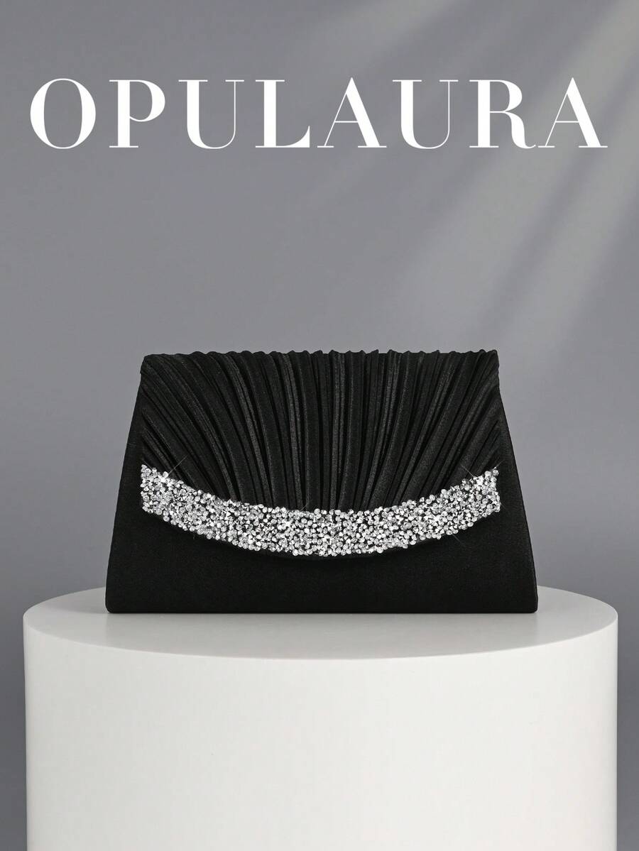 OpulAura 秋冬假日褶皱迷你手拿包。闪耀迷人的水钻装饰，优雅时尚的信封式手提包，专为女性设计，适合派对、婚礼、晚宴和聚会等场合。是参加派对、婚礼、毕业典礼和正式晚宴/活动的女性的理想之选和最佳礼物。 - 黑色 - 查看 1