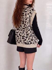 Rompi Pullover Leher V Motif Leopard Desain Minimalis Kasual Musim Gugur/Dingin untuk Wanita - Khaki - View 2