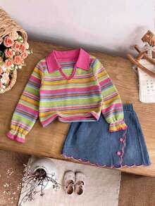 Girls' Fashionable Colorful V-Neck Long Sleeve Cuffed T-Shirt With Turn-Down Collar And Fuchsia Lace Button Decor Denim Mini Skirt - Multicolor - View 1