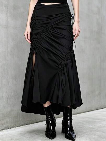 Women High Waist Drawstring Ruched Midi Skirt Side Slit Asymmetrical Ruffle Hem  Streetwear Long Skirt