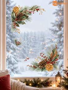 SupSticker 1PC Christmas Window Clings, Reusable No-Glue Static PVC Decals, Pine Branch Red Berry Pinecone Decor For Home Office Shop Glass Doors - IPC - View 7