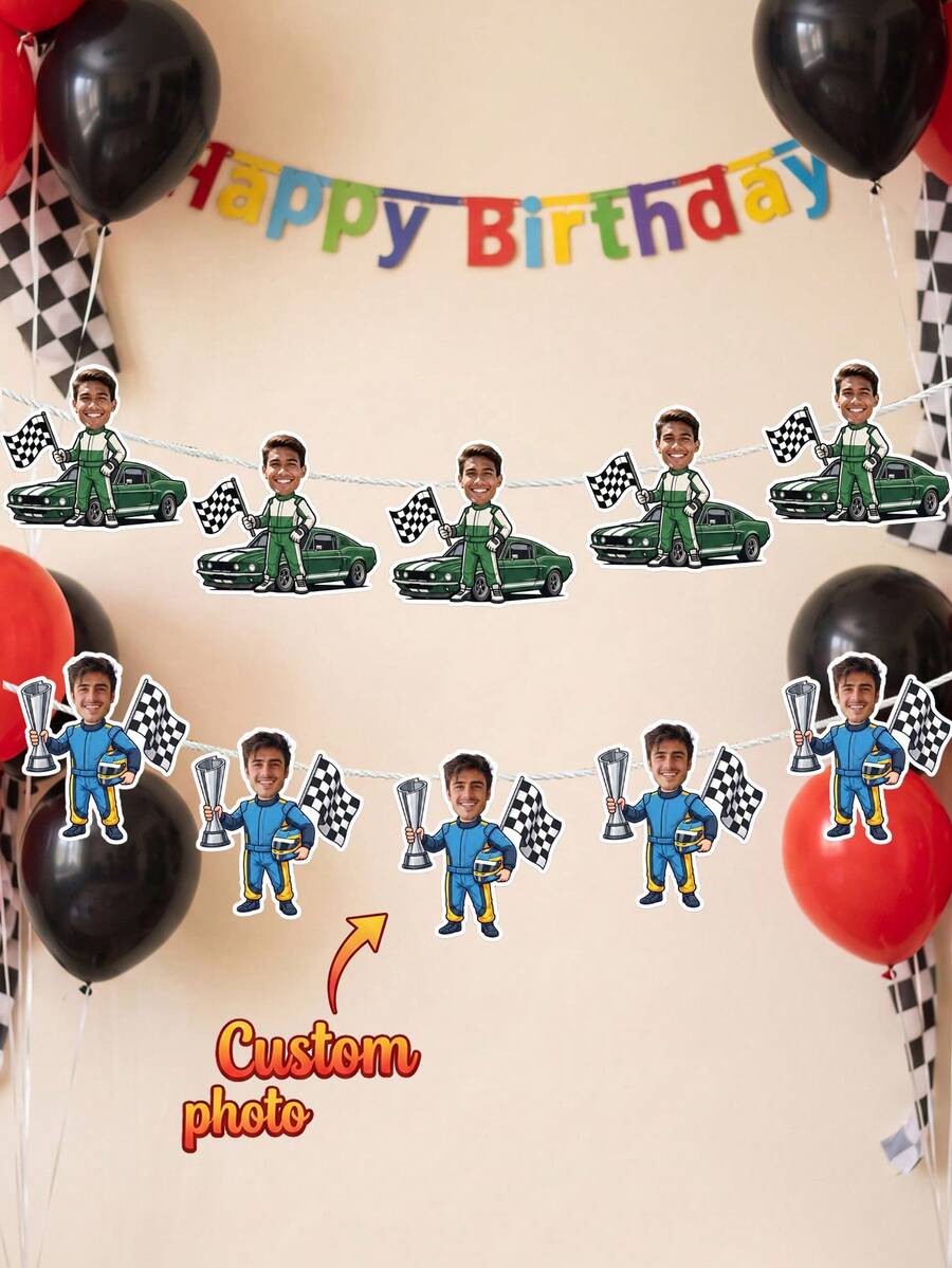8/12/16pcs Custom Photo Race Car Driver Banner, Personalized Checkered Flag Trophy Banner, Racing Theme Birthday Party Paper Banner Decoration - Multicolor - View 1