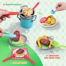 Parent-Child Interactive Realistic Western Kitchen Toy Set, Kids Pasta & Steak Cooking Role Play Game, Sliceable Fruits & Vegetables, Realistic Noodles & Ingredients, Complete Pot & Tableware Set, Recreates The Full Cooking Process - Multicolor - View 7