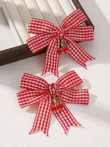 2pcs/8pcs Women's Fashionable College Style Pink Red Blue Black Dual-Color Checkerboard Bow Hair Clips, Cherry Pendant Checkerboard Hair Clips, Cute Hair Accessories For Campus Daily Wear, Birthday Party, Suitable For Daily Party Gathering Decoration And Matching - Multicolor - View 10