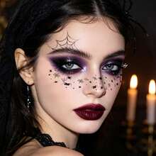 6 Sheets Halloween Party Face And Eye Temporary Tattoo Stickers, Featuring Bats, Ghosts, Black Cats And Spiders, Suitable For Halloween Party - Black - View 2
