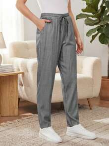 Jisfaneya Grey Slim Fit Casual Pants With Elastic Waistband, Drawstring Pockets And Textured Fabric, Suitable For Spring/Summer Daily Wear - Dark Grey - View 1