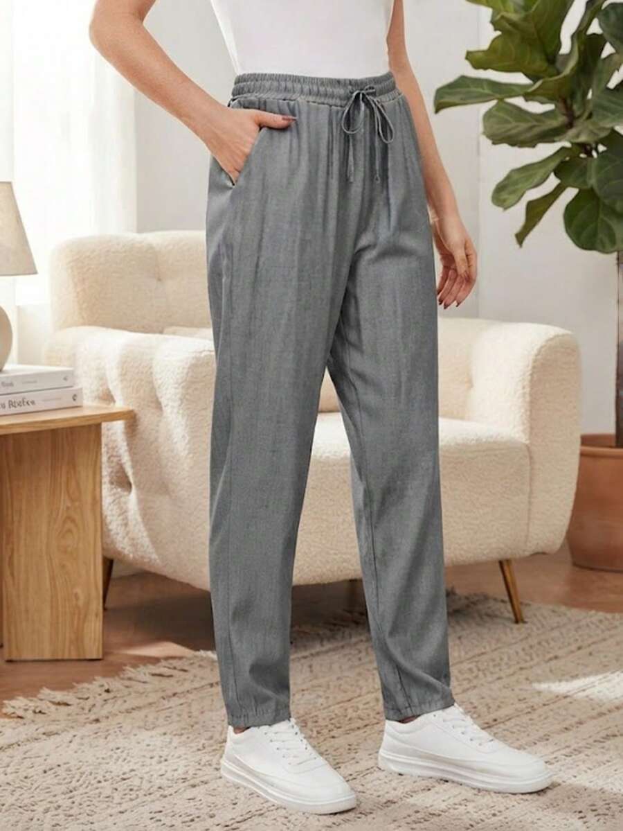 Jisfaneya Grey Slim Fit Casual Pants With Elastic Waistband, Drawstring Pockets And Textured Fabric, Suitable For Spring/Summer Daily Wear - Dark Grey - View 1