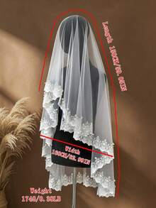 1pc Single Layer Mantilla Bridal Veil With Lace Trim, Handmade Faux Pearl Decor And Hair Comb, Wedding Veil - White - View 4