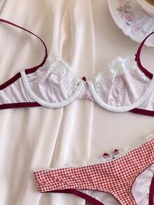 Vintage Gingham Plaid Lace Bow Lingerie Set, Womean Bra & Thong 2‑Piece Set - Red - View 7