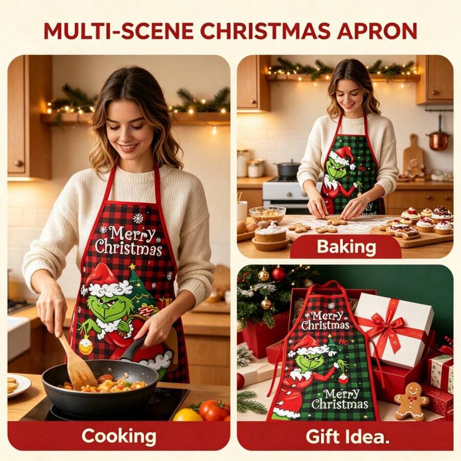 The Grinch Christmas Series Printed Apron, Waterproof & Stain-Resistant, Creative & Funny Kitchen Apron, Christmas Decoration - Multicolor - View 1