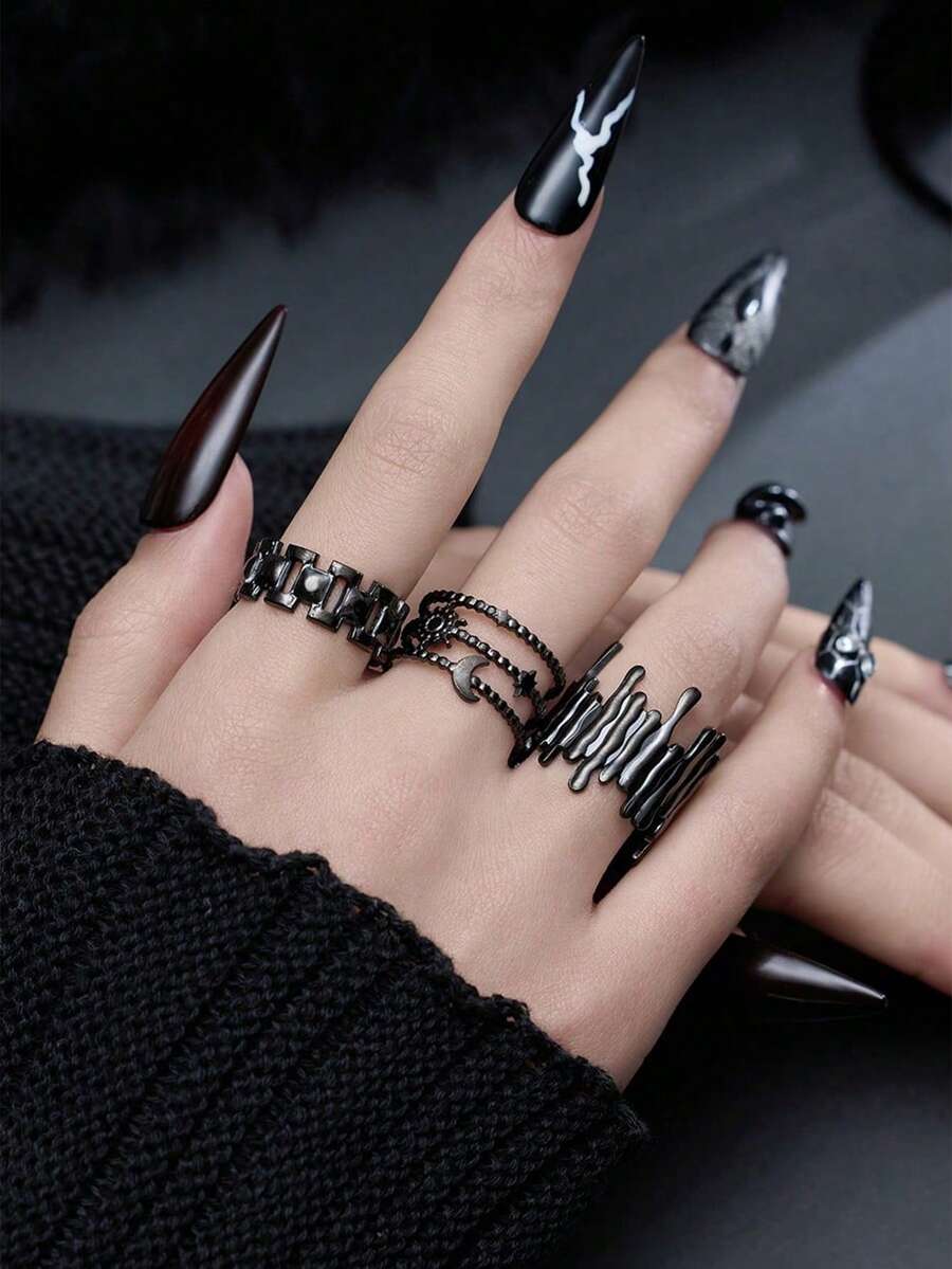 3pcs Stainless Steel Black, Gothic Style, Halloween Exaggerated Fashion, Suitable For Women's Daily Decoration Or Gift - Black - View 1