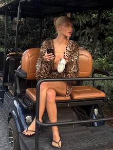 Women's Leopard Print Deep V-Neck Fitted Mini Dress, Long Sleeve Design, Sexy And Elegant, Create A Bold Party Look - Multicolor - View 1
