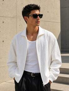 1pc Men's Jacket, 3D Cable Knit Texture, Stand Collar Full Zip Front, Ribbed Cuffs And Hem, Soft Lightweight Knit Fabric, Soft Yet Structured, Resistant To Deformation, Old Money Minimalist Casual Style, Suitable For Spring/Autumn Commute, Shopping, Travel - White - View 4