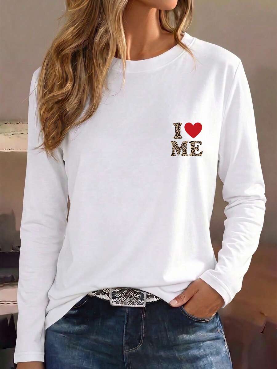 "LOVE" Leopard Print Heart Pattern Crew Neck Long Sleeve T-Shirt For Women, Loose Fit Top For Autumn, Suitable For Casual Home And Daily Wear - White - View 1