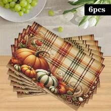 1/4/6pcs Autumn Series Plaid Pumpkin Vintage Pattern Printed Placemats, Heat-Resistant Table Mats For Home Kitchen/Kitchen Table Protection, Party Scene Decoration - Multicolor - View 15