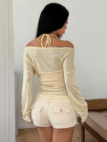 Women's 2 Pieces Top Set, Striped Cold Shoulder Long Sleeve Top & Spaghetti Strap Strap Top, Ruched Slim Fit Casual Outerwear Tops - Light Yellow - View 4
