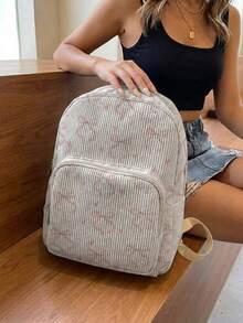 1 Piece Backpack, Women's Mini Backpack, Corduroy Girl's School Bag, Travel Storage Bag, Bow‑Printed Design, Large‑Capacity Foldable Easy‑To‑Store Bag, Lightweight And Pressure‑Relieving, Multi‑Pocket Layered Design With Zipper Closure - Heart Bow 23631 - View 4