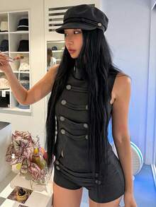 Top Dazzle Chic Black Knitted Sleeveless Funnel Neck Top For Women, Featuring Stylish Button Embellishments, A Regular Length Fashion Piece - Black - View 6