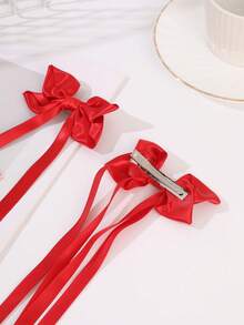 2pcs French Satin Long Ribbon Bow Hair Clips, Versatile Double Ponytail Braided Hair Ribbon Hair Clips, Girl Photo Decoration Hair Accessories - Multicolor - View 7