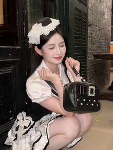 Tas Mini Chic Terbaru Gaya Jepang & Korea, Desain Niche Terinspirasi Inspirasi Tren, Tas Bahu Rantai Mutiara Fashion 2025, Tas Selempang Persegi Serbaguna dengan Motif Quilted - Hitam - View 2