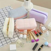 Soft Plaid Makeup Bag, Large Capacity, Japanese Minimalist Travel Cosmetic Organizer With Zipper, Odorless Quilted Pillow Bag, Suitable For Women And Students, Multi-Functional Storage Bag For Brushes And Toiletries, Gift Choice, 4 Colors Available - Multicolor - View 9