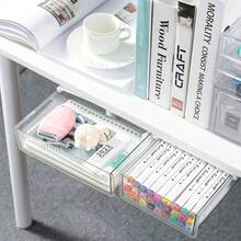 1pc Under Desk Storage Drawer, Self-Adhesive Pull-Out Hidden Office Desk Organizer, 9.5" Large Drawer And 7" Small Drawer, Durable PET Plastic Material, Suitable For Office, Home, Desk, Workspace Organization, Easy To Install Adhesive Storage Solution - Multicolor - View 5