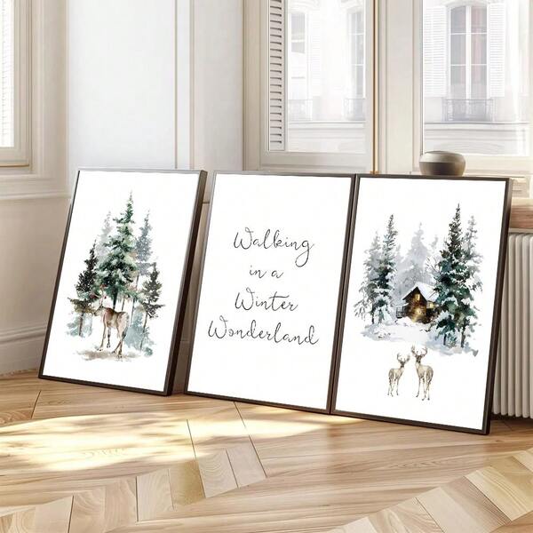 1/3pcs Set Framed/Unframed Snowy Forest Reindeer Nordic Landscape Christmas Canvas Poster Pine Tree Deer Winter Xmas Festival Cozy Wall Art Print Minimalist Farmhouse Holiday Decor Painting For Apartment,Living Room,Bedroom,Modern Home Decoration