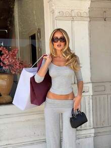 Fashionable Sexy Chic Minimalist Spring/Autumn Versatile Draped Flared Pants Set - Grey - View 4