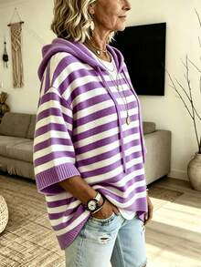 Women's Casual Fashion Solid Color Loose Hooded Knit Sweater Pullover Autumn/Winter Knit Top Cardigan - Purple - View 3