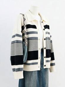 Women's Striped Knit Cardigan, Long Sleeve, Regular Fit, Lapel Collar, Ribbed Knit Detail, Suitable For Autumn/Winter Wear - White - View 7
