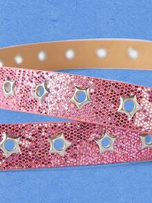 Popjeli 1pc Women's Y2K Star Series Star-Shaped Rhinestone Carved Metal Hollow Star Decor Jeans Belt - Pink - View 5