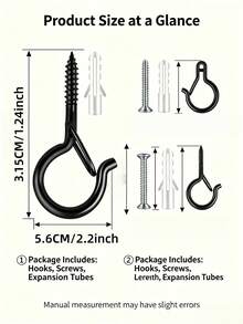String Light Hooks Set, Black Rust‑Resistant Screw Hooks With Safety Buckle, Wall Anchors & Screws Included, Easy Install For Outdoor Patio Christmas String Lights, Plants & Wind Chimes - Black - View 12