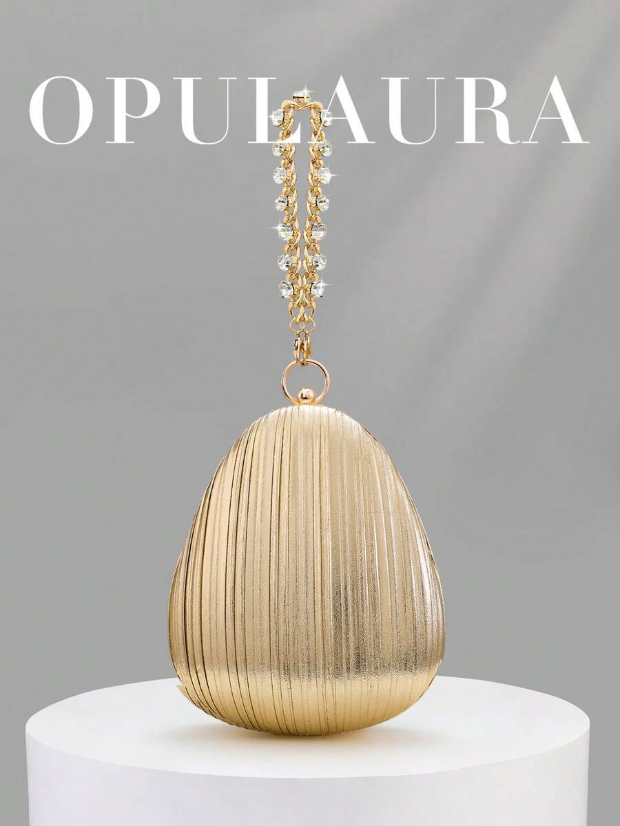 OpulAura 1件金色亮面布料女款手提包,精緻迷人閃鑽手鍊裝飾,時尚不對稱方型手拿包,適合派對、正式禮服、舞會、畢業典禮、新娘、婚禮手拿包 - 金色 - 查看 1
