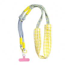 1pc Niche Design Dopamine Colorblock Cotton Fabric Multifunctional 3-In-1 Camera Strap Long Phone Lanyard Phone Chain - Multicolor - View 8