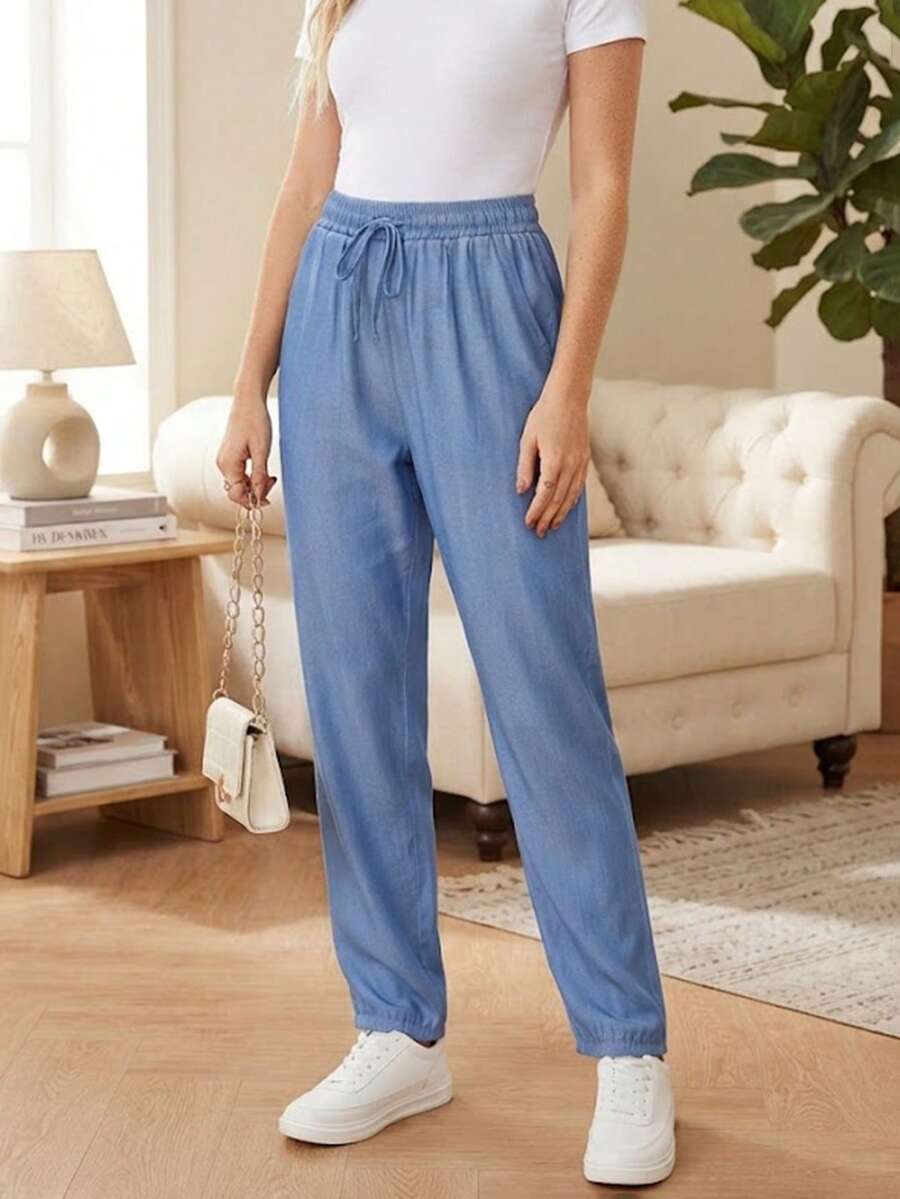 Jessefania Blue Slim Fit Casual Pants With Elastic Waistband, Drawstring, Pockets, Textured Fabric, Multipurpose, Spring/Summer - Baby Blue - View 1