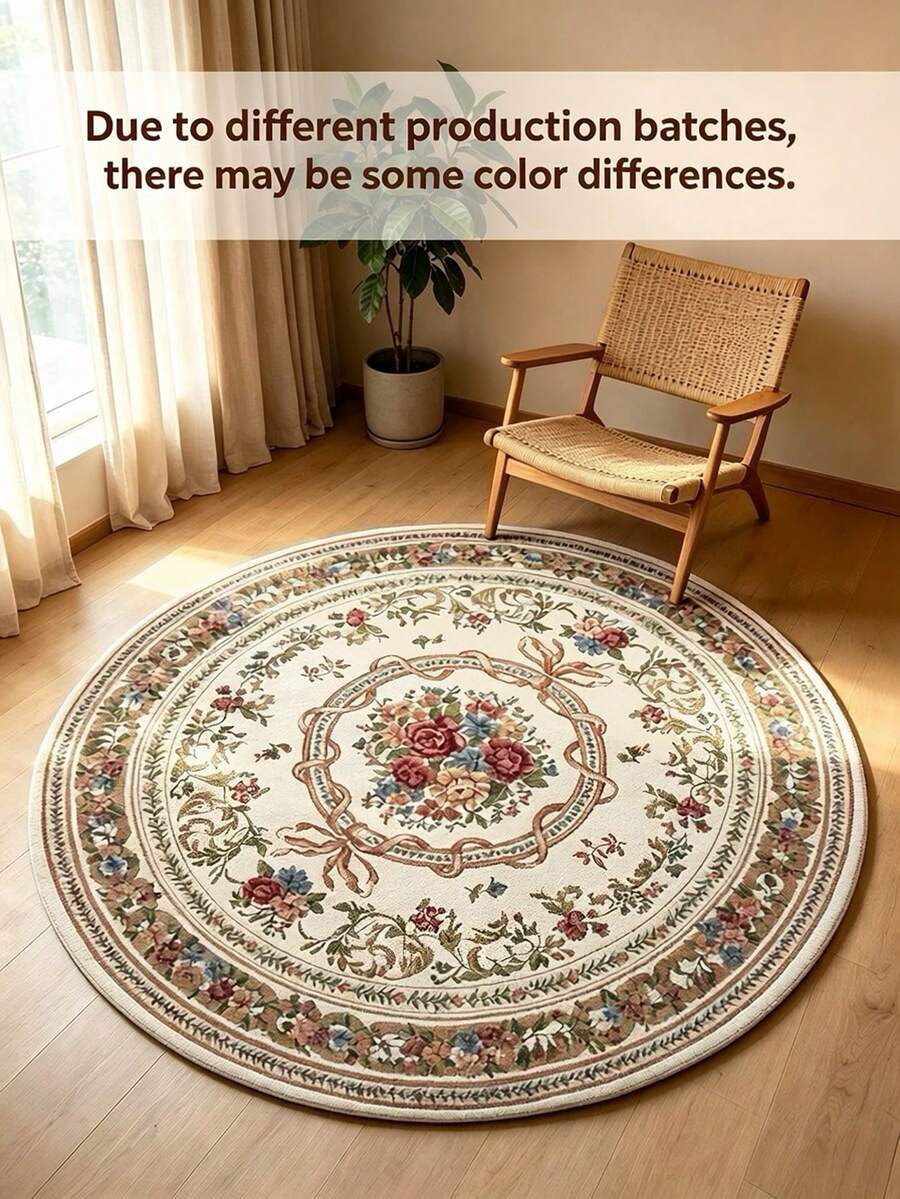 1pc Chenille Jacquard Round Area Rug, French Country Style Home Carpet, Polyester Fabric Surface, Non-Slip Dotted Bottom, Suitable For Living Room And Bedroom Decoration, Lightweight And Thin, All-Season Use, Easy To Fold And Store, Convenient To Clean